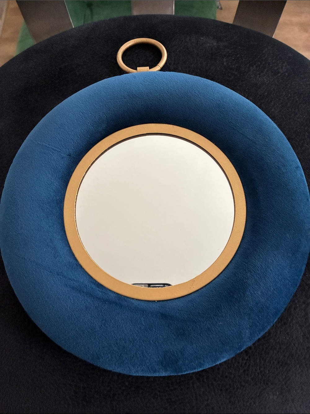 Blue Velvet Framed Hanging Mirror Retro Brass Colored Hanger